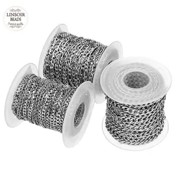 10Yards/Roll 3mm 4mm 5mm Width Rhodium Tone Stainless Steel Bulk Chain Men's Figaro Chain for Necklaces Bracelets Jewelry Making