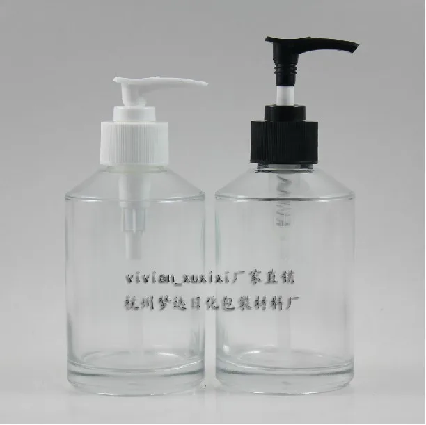 

30pcs empty 200 ml round clear glass lotion packaging with white or black pump, 200ml glass cosmetic bottle for liquid cream