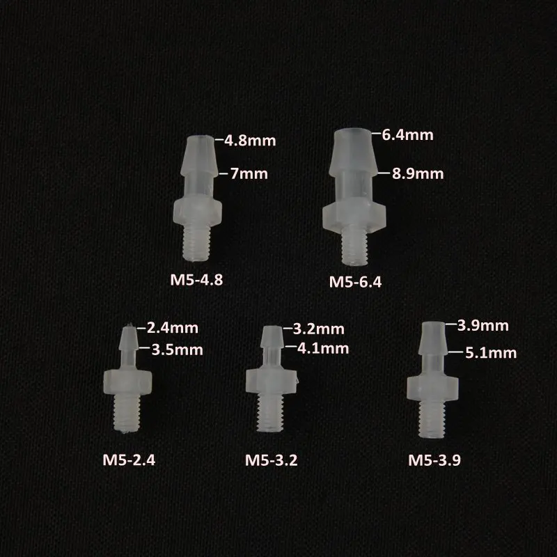 Macho Rosca Mangueira Conector Reto, Aquarium Air Pump Pipe, Fish Tank Adapter, Food Grade, M5, M6, 2 milímetros ~ 8 milímetros, 5pcs