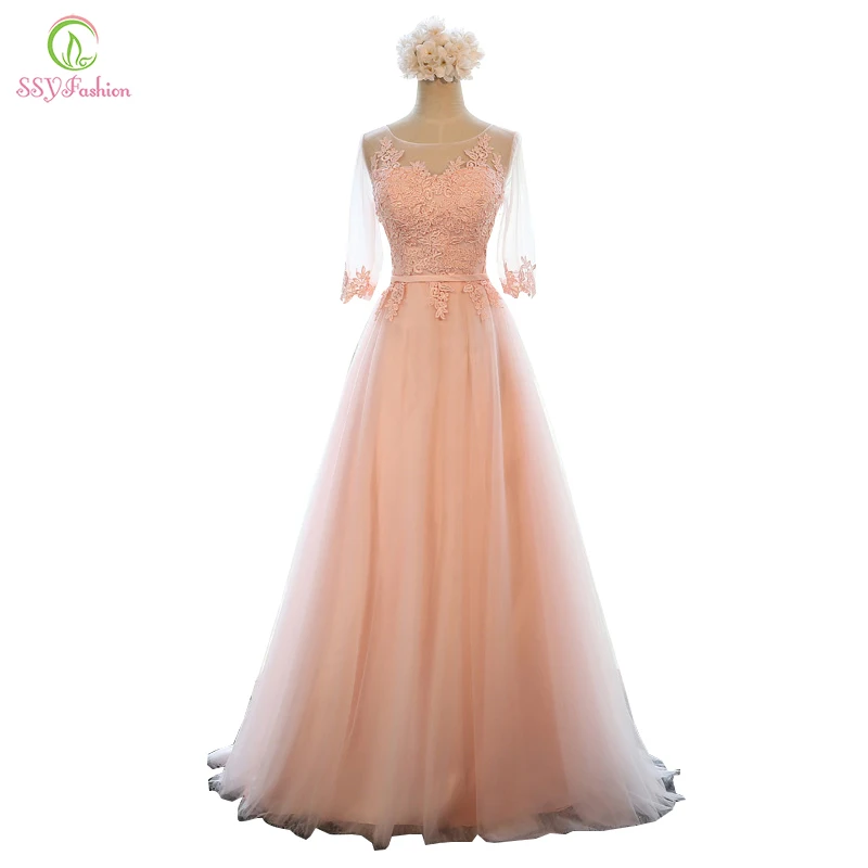 SSYFashion-Robe de Soirée en Dentelle Transparente, Rose Doux, Col Rond, Demi-Manches, Broderie, Ligne A, Longue, Tenue de Bal