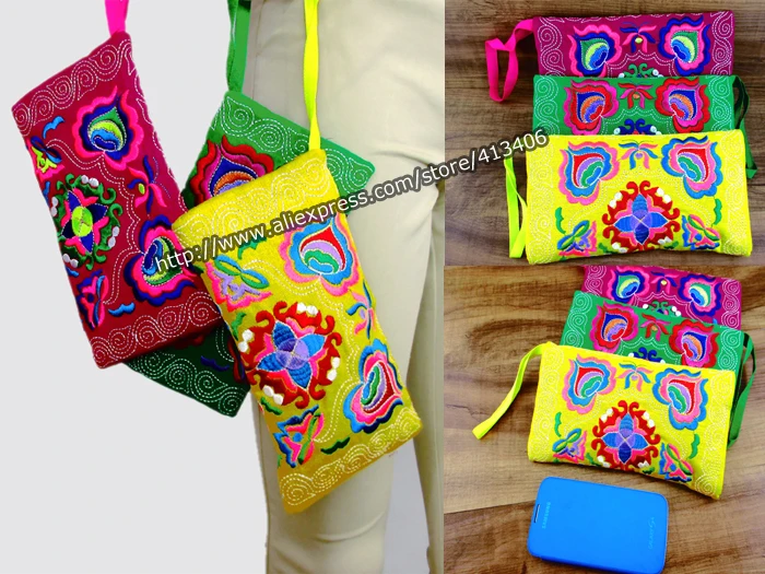 3 PCS Wristlet Vintage Hmong Thai Indian Embroidered Fashionable Clutch Purse, Boho Hippie Ethnic Cosmetic Bag SYS-012