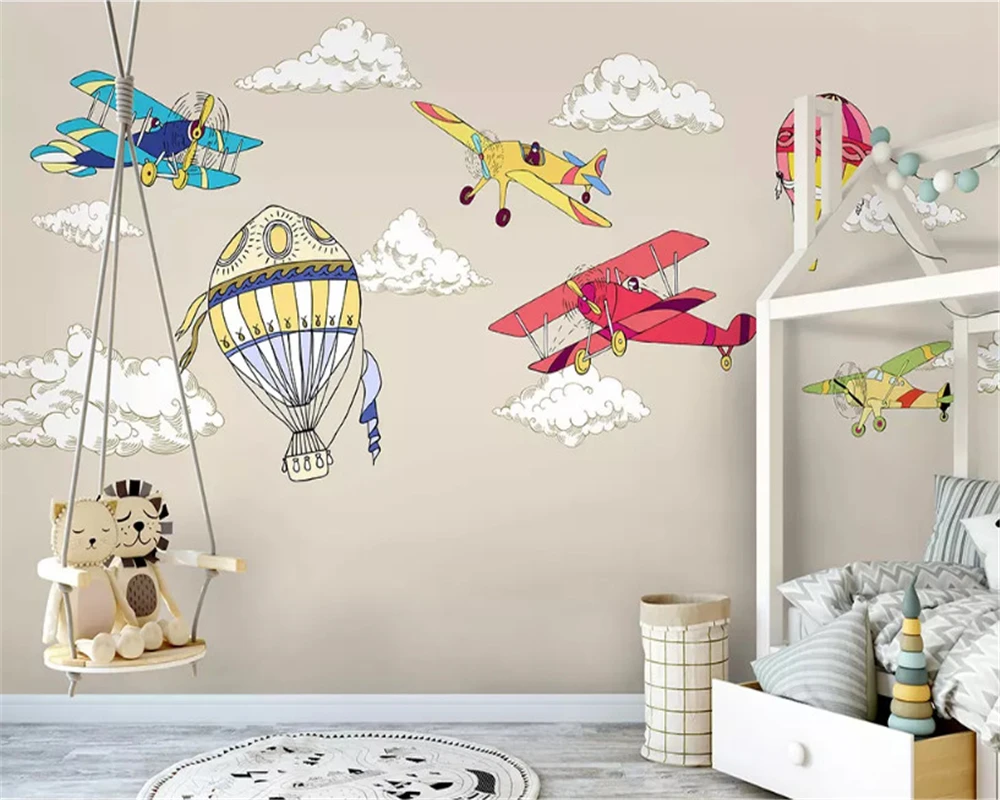 

beibehang Custom Nordic minimalist hand-painted aircraft hot air balloon children's room background papel de parede wallpaper