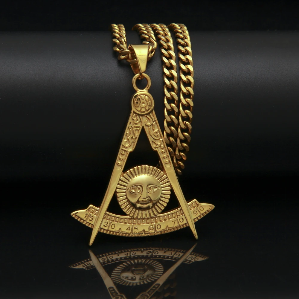 Stainless Steel Mens Gold Plated Past Master with Sun Masonic Pendant Necklace With 5mm 70cm Cuban Chain Regalia Freemas Jewelry