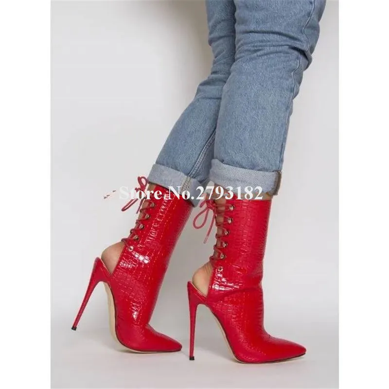 2019 New Fashion Women Pointed Toe Pattern Leather Stiletto Heel Short Gladiator Boots Back Lace-up Snake Leather Short Boots