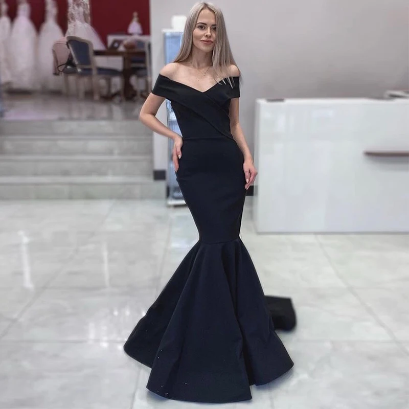 Elegante Off Spalla Abito Da Sera Della Sirena di Stile di Raso Nero 2019 Delle Donne Formale Abiti Del Partito Vestido De Noche Robe De Soiree