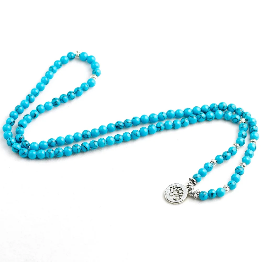 108 Mala Lotus Buddha Tree Charm Women Blue Howlite Jewelry Prayer 6MM Beads Healing Stone Bracelet Men Lucky Gift