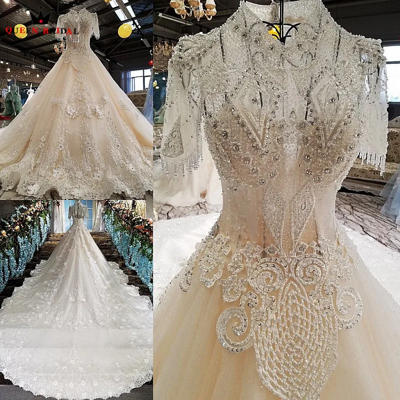 Ball Gown Short Sleeves Lace Tulle Crystal Beaded Sequins vestido de noiva Wedding Dress 2021 QUEEN BRIDAL Wedding Gown WD50