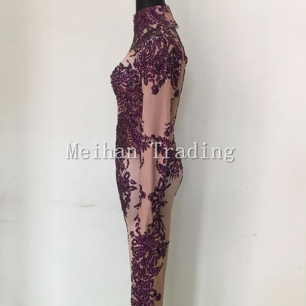 Hot Fashion Sexy Purple Bodysuit Rhinestones Jumpsuits Nightclub Dance Wear Long Sleeve Bodysuit Costume Female Party Wear