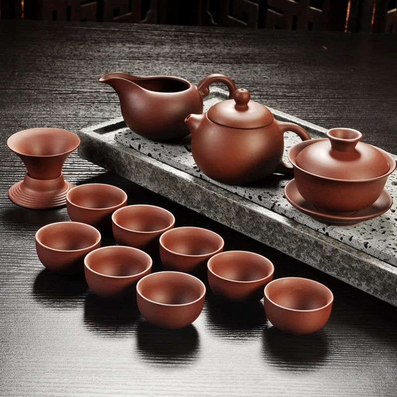 Yixing Purple Sand Tea Set Black/Red Ceramic Kung Fu Teapot Handmade Teacup Gaiwan Tureen Tea Ceremony (Not Include Stone Table)