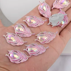 BOLIAO 10Pcs 20*38mm( 0.79in*1.5in ) Peacock Leaf Resin Shining Pink Crystal Flatback No Hole Glue Home Holiday Decoration