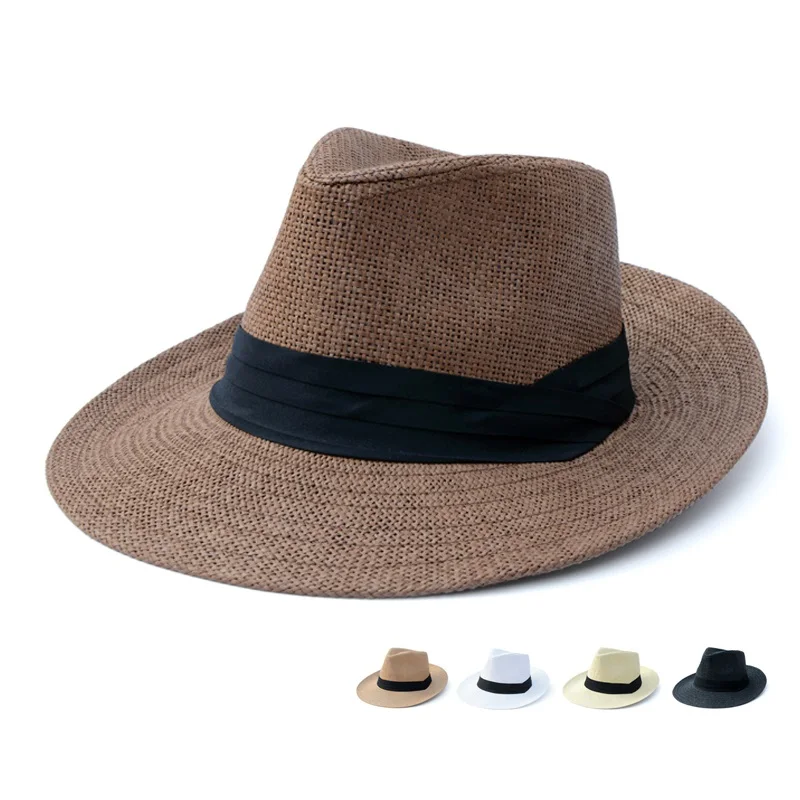 

Classic Male Fedora Straw Hat UV Protection Summer Sun Cap Men's Handmade Raffia Straw Trilby Cap Holiday Travel Hat B-8050