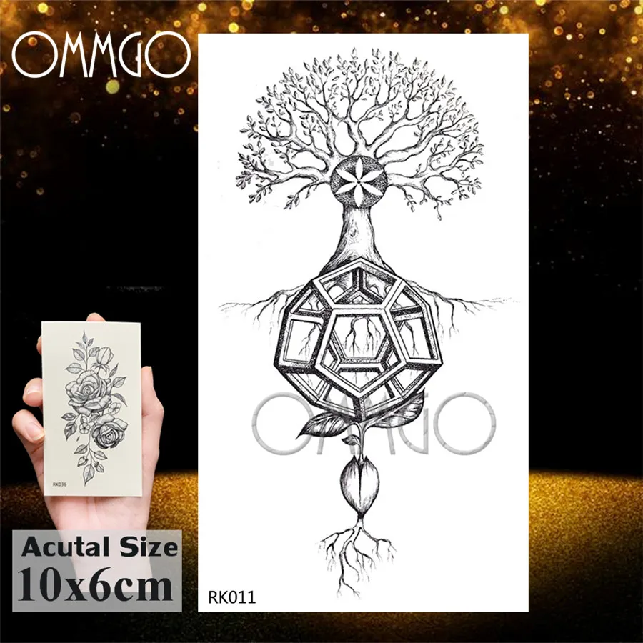 OMMGO Lampadina Albero di Pino Geometrica Temporary Tattoos Sticker Diamante Rotondo Su Ordinazione Del Tatuaggio Body Art Falso Tatuaggi Nero