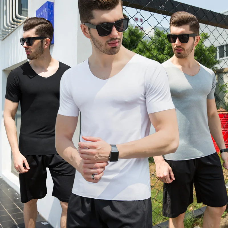 

Men Ice silk short sleeve Solid color seamless underwear clothing close-fitting V-neck comfortable Quick dry undershirts