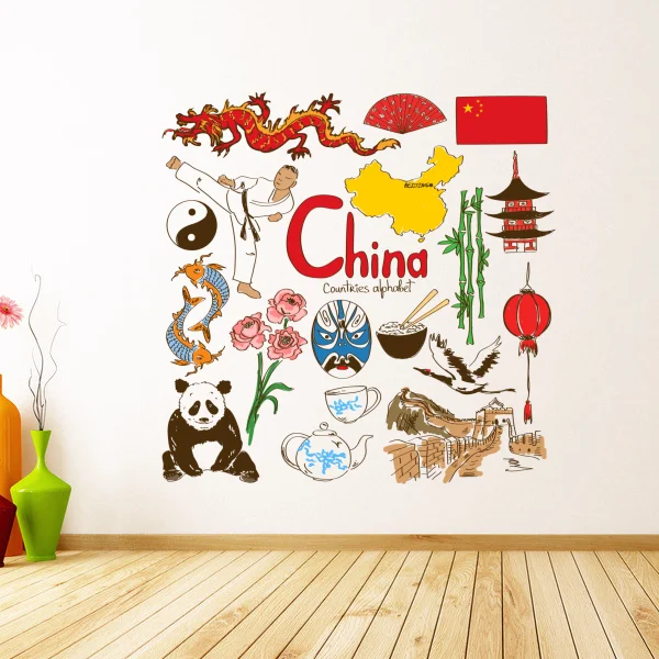 

China Illustration Travel The Word Landmark Wall Sticker Wedding Decor Vinyl Waterproof Wall Sticker Wallpaper Wall Decal