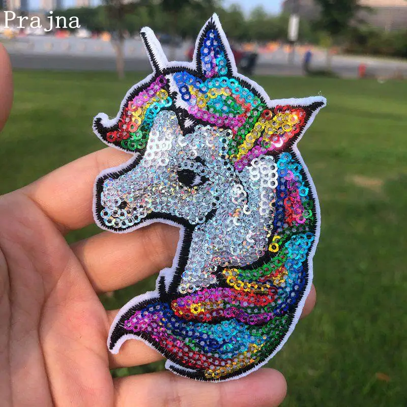 Prajna Unicorn Sequined Patches Colorful Rainbow Iron On Patches For Clothing Applique Cartoon Style For Kids Clothes Badge DIY