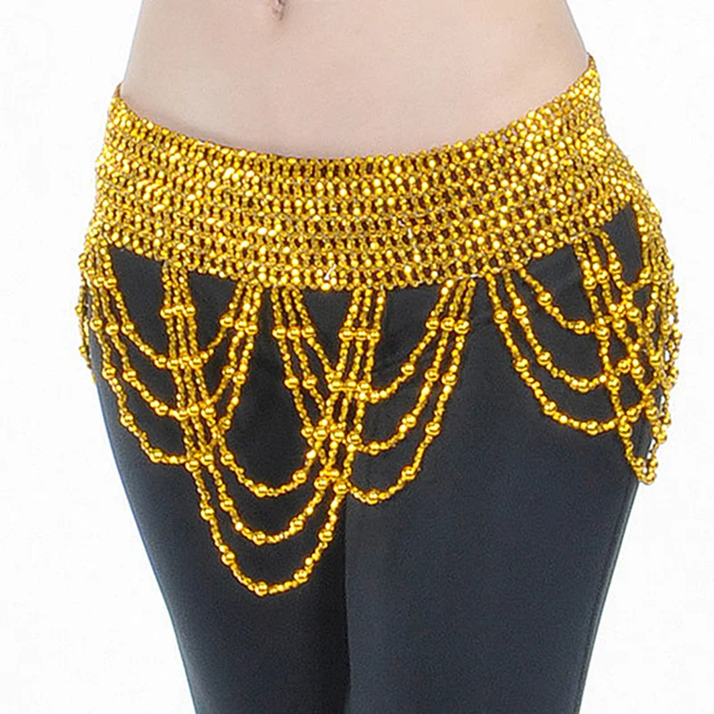 Women Belly Dance Costume Accessories Fringes Hip Scarf Stretchy Thread Wrap Skirt with Round Beads Belt