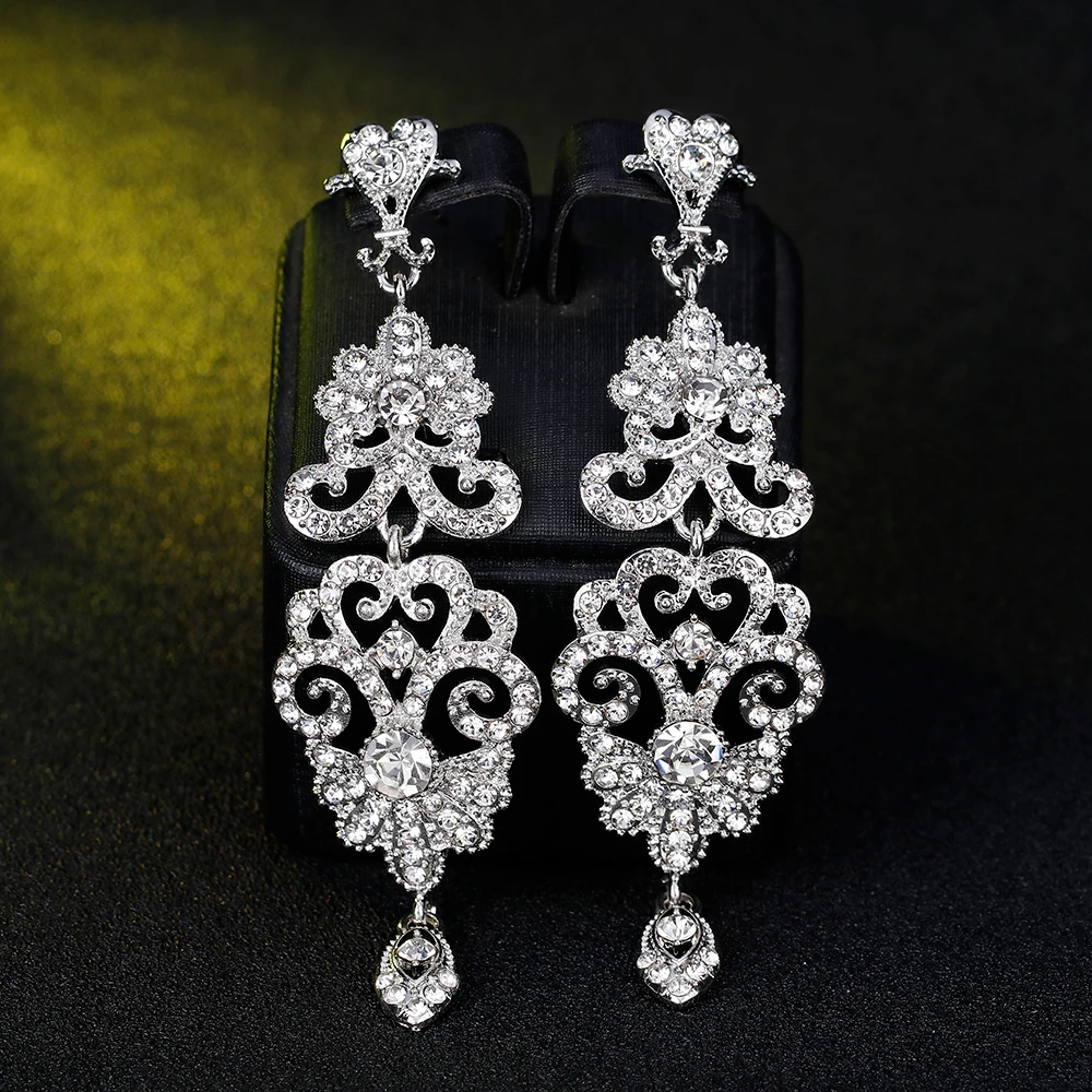 BLIJERY Luxury Chandelier Earrings for Women Silver Color Rhinestone Crystal Floral Bridal Long Earrings Bridal Wedding Jewelry