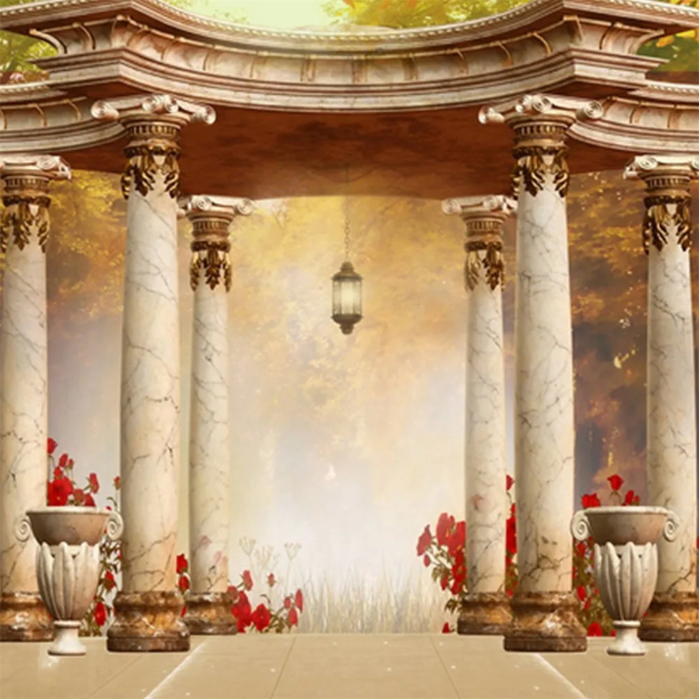 Vintage Pavilion Stone Pillars Garden Wedding Photo Background Printed Red Flowers Nature Scenic Fantasy Photography Backdrops