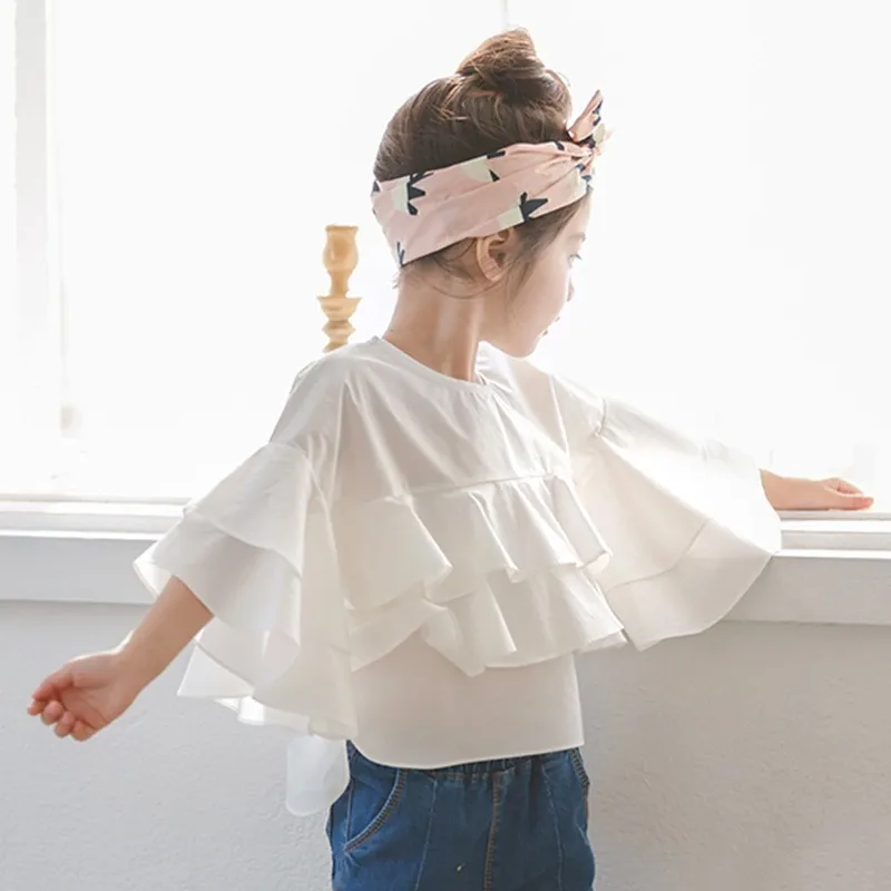 

2024 New Petal Sleeve Summer Blouses Baby Big Girls White Cotton Spring Autumn Ruffles Shirts For Kids Tops School Clothing