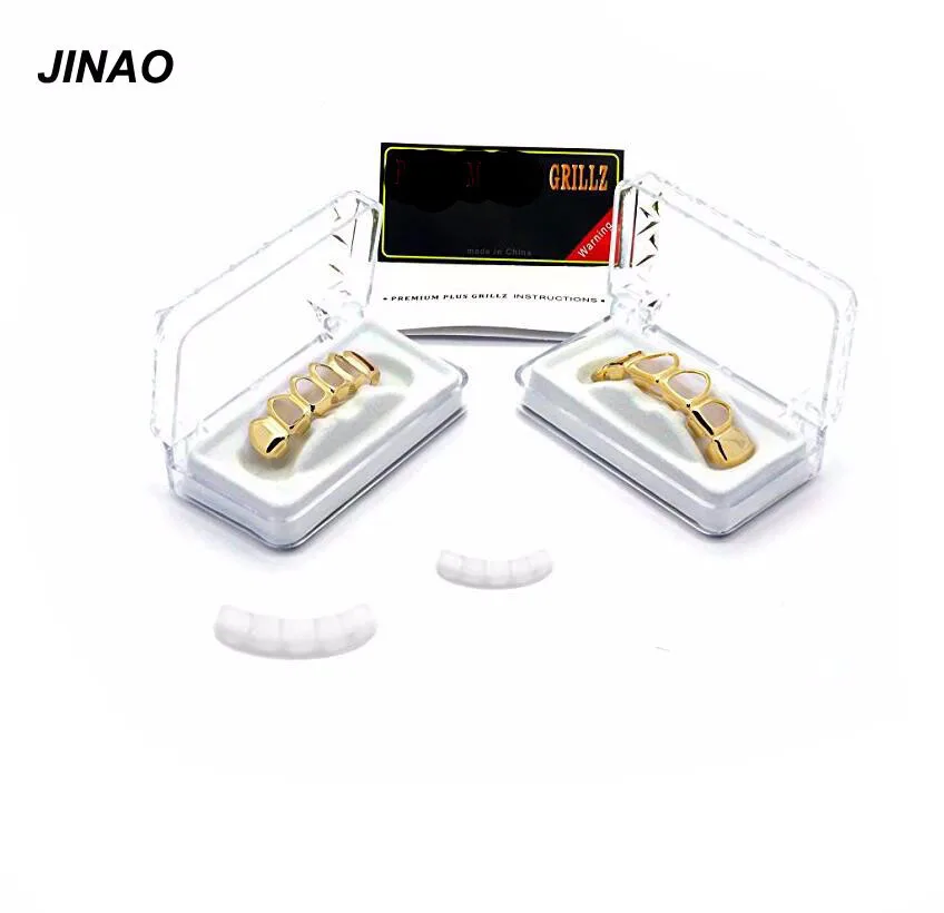 JINAO New Fit Pure Gold Color Plated Teeth Grills Four Hollow Open Face Mouth GRILLZ Caps Top&Bottom Grill Set Gift