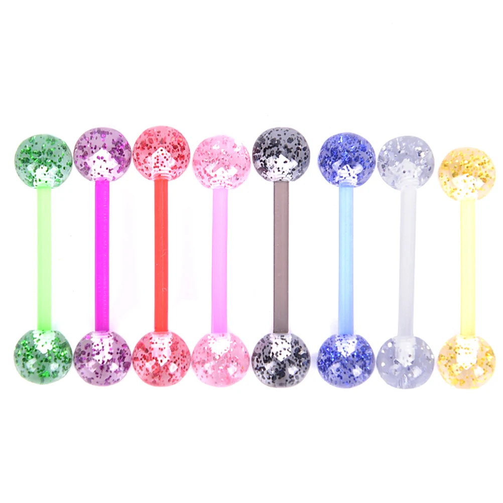 8PCS/Set Colorful Glitters Tongue Rings Acrylic Soft Rod Barbell Ball Tongue Stud Piercing Jewelry