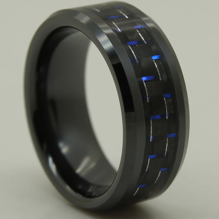 black & blue carbon fiber  inlayed black hi tech scratch proof ceramic ring 1pc