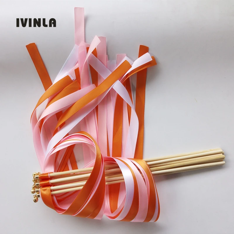 50pcs/lot  pink and orange wedding ribbon stick with gold bell for wedding party