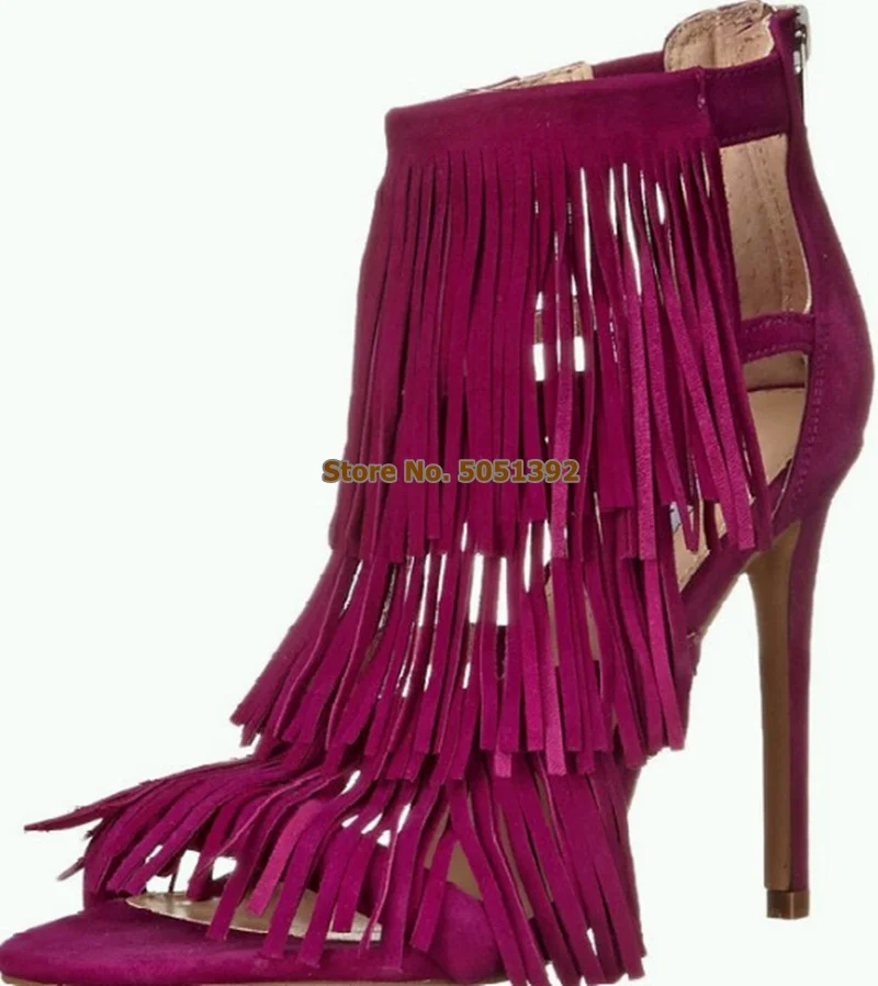 

Fringe Suede Summer Sandals Ankle Boots Peep Toe Tassel High Heel Stiletto Fashion Booties Large Size