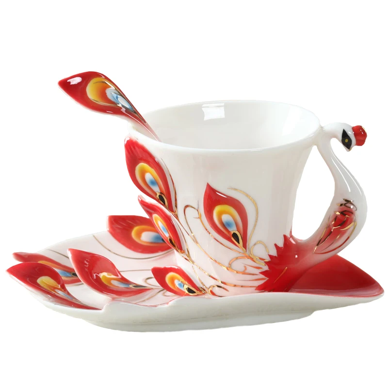 1 Pcs Peacock Coffee Cup Ceramic Creative Mugs Bone China 3D Color Enamel Porcelain Cup with Saucer and Spoon Coffee Tea Sets