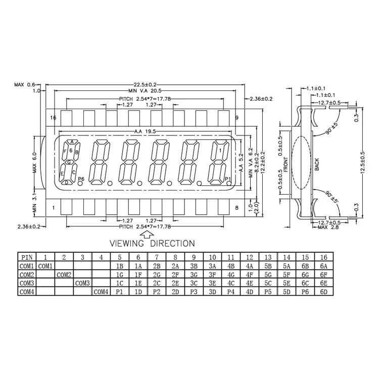 16PIN TN Positive 6-Digits Segment LCD Panel 3.3V Without Backlight Digital Tube Display