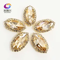 Gold Bottom Champagne Color Glass Crystal Rhinestones, Eye Shape Sew on Buckle, Used for Needlework, Clothing Sewing Accessories