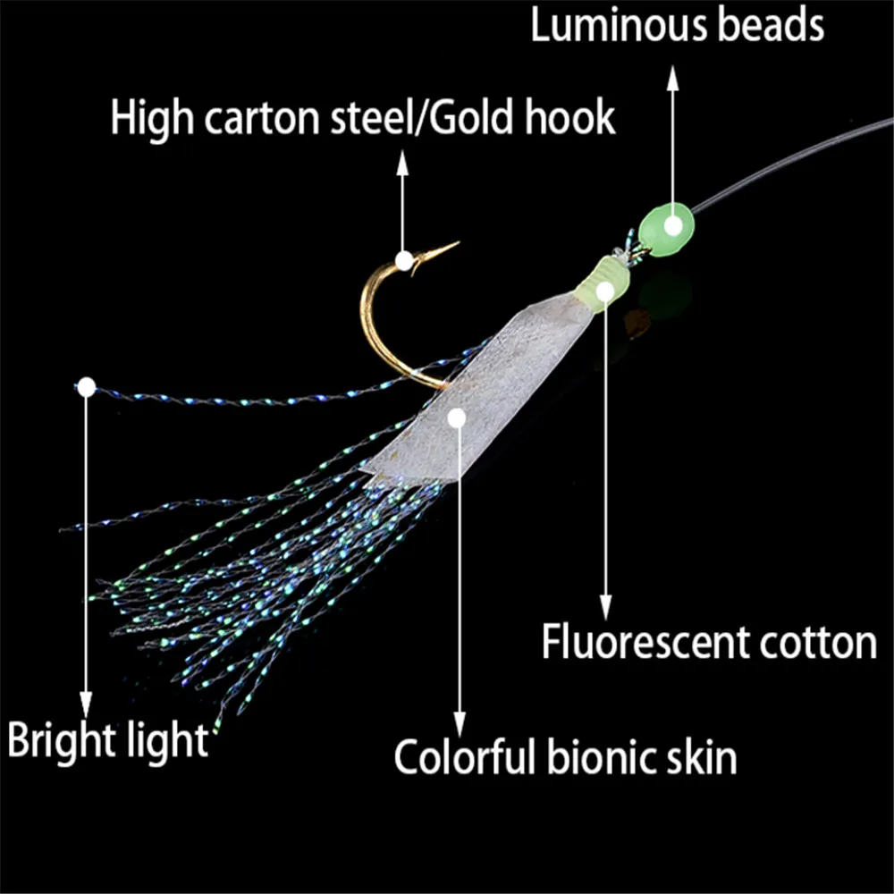 FISHINAPOT 1PCS Fishhooks For Swivel Rigs Bait Jigs Fish Head Fishing Luminous Gold-plated String Hook With 6 Small Hook