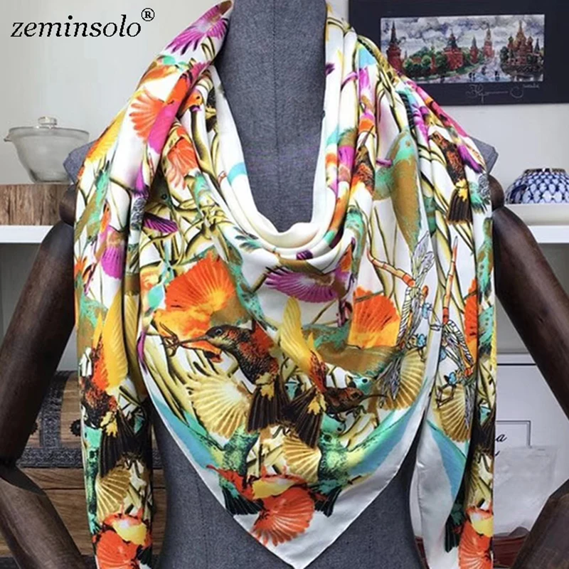 130*130cm New Luxury Brand Scarf Bandana Shawls Printed Bird Women 100% Twill Silk Scarf Square Scarves Hijab Headband