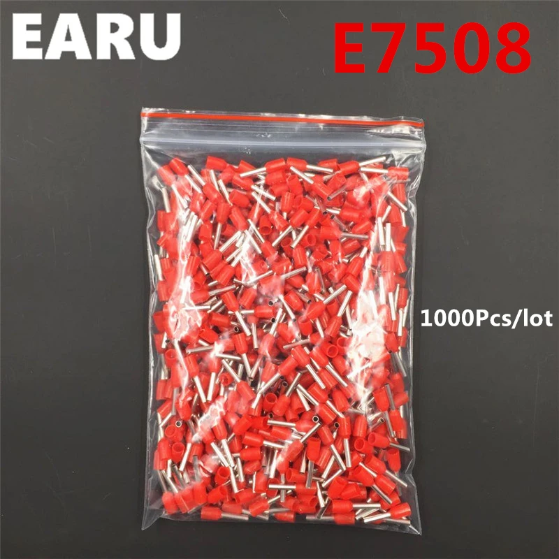 

1000Pc E7508 Tube Insulating Insulated Terminal 0.75MM2 20AWG Cable Wire Connector Insulating Crimp E Black Yellow Blue Red