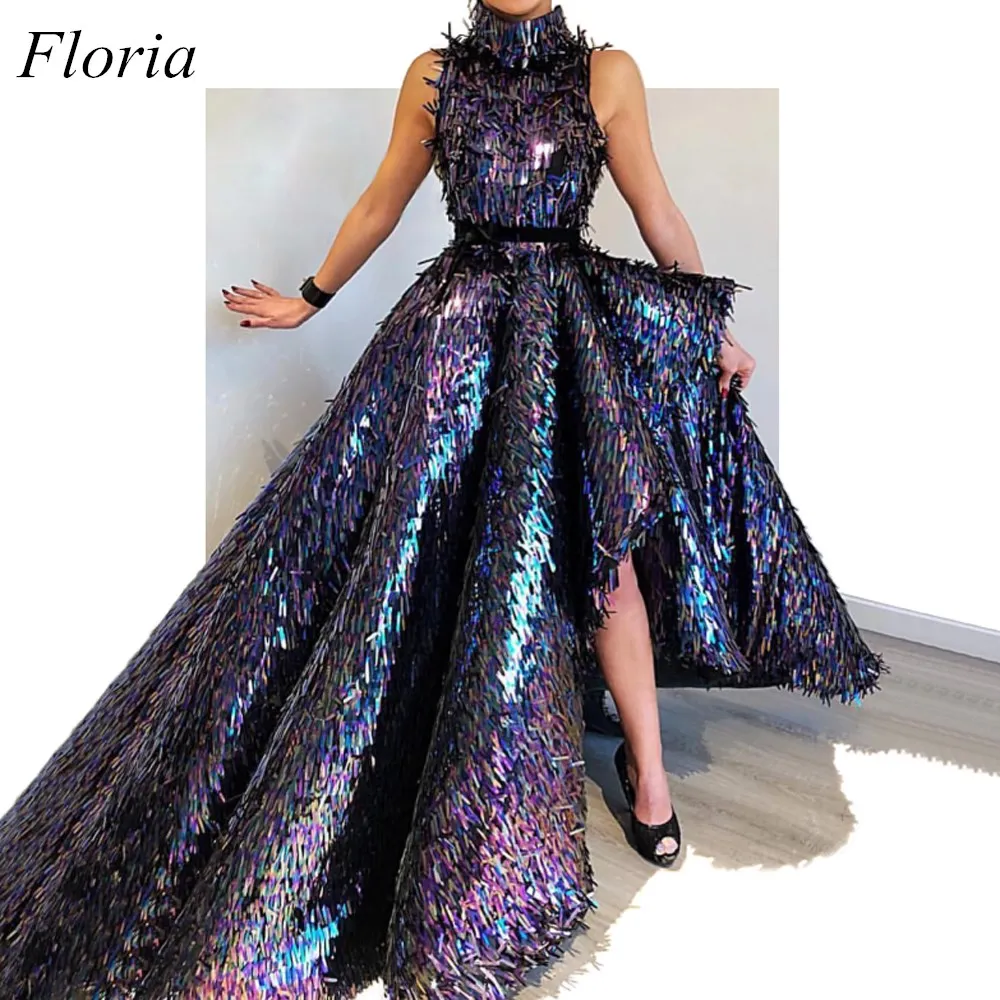 Nuovo Arrivo Speciale Celebrity Dresses 2019 Collo Alto Senza Maniche Paillettes Asimmetrico Dubai Promenade di Sera Del Partito Red Carpet Abiti