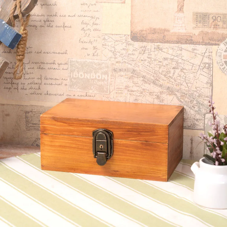 Zakka Vintage Solid Wood Box with Lock Jewelry Secret Diary Letters Storage Box Desktop Organization