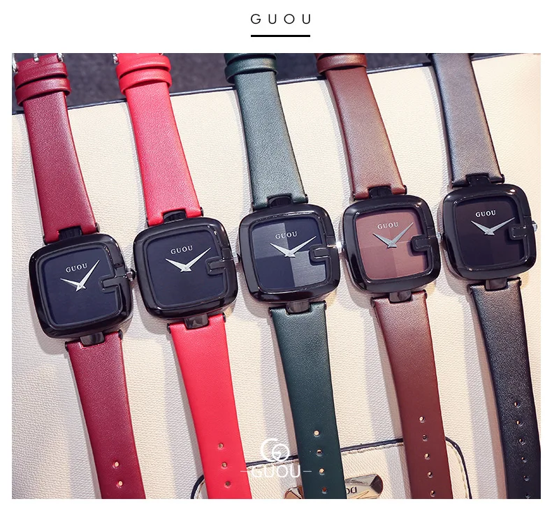 Fashion GUOU Brand New Fashion ladies Watch Square Genuine Leather Quartz Water Resistant Luxury Girl Gift Wristwatches