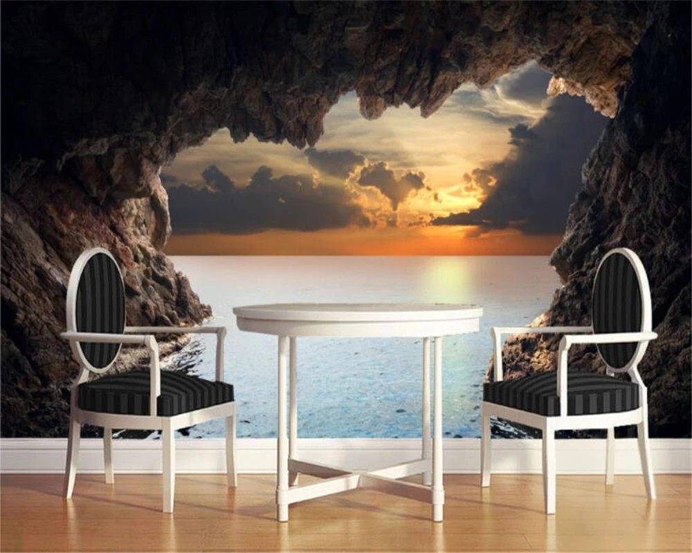 

Custom Photo Wallpaper 3D Cave Sea view sunrise Landscape Mural Wall Home Interior Decoration 3d wallpaper tapety