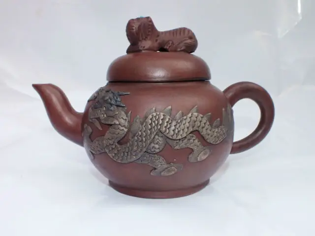 China Handwork Purple teapot carved dragon and phoenix tiger cover