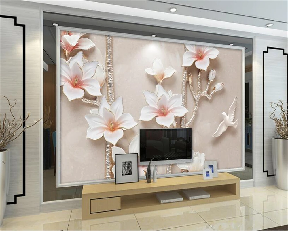 

Beibehang 3D Wallpaper European and American style 3d stereo relief magnolia TV wall decoration painting wallpaper for walls 3 d