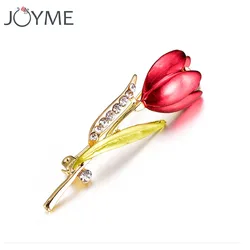 Wedding Red Tulip Brooch for Women Rhinestone Flower Lapel Pin Broche Femme Bijoux Enamel Pins Jewelry