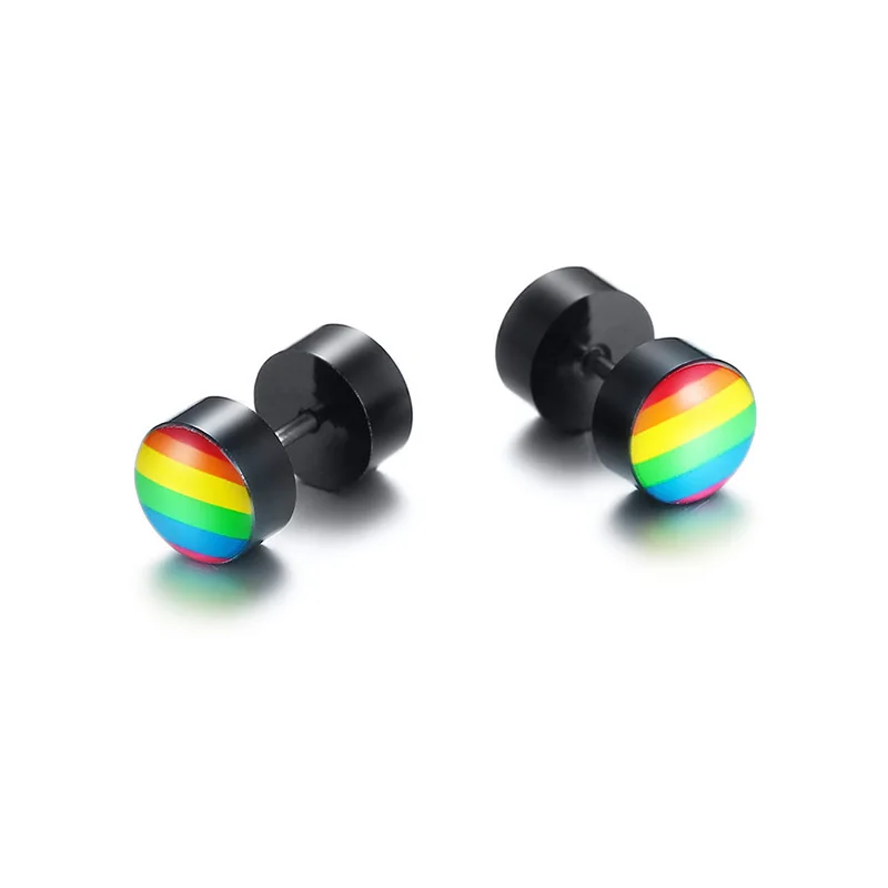 Vnox LGBTQ Pride Rainbow Stud Earrings For Men Stainless Steel Screw Earings Punk Jewelry images - 6