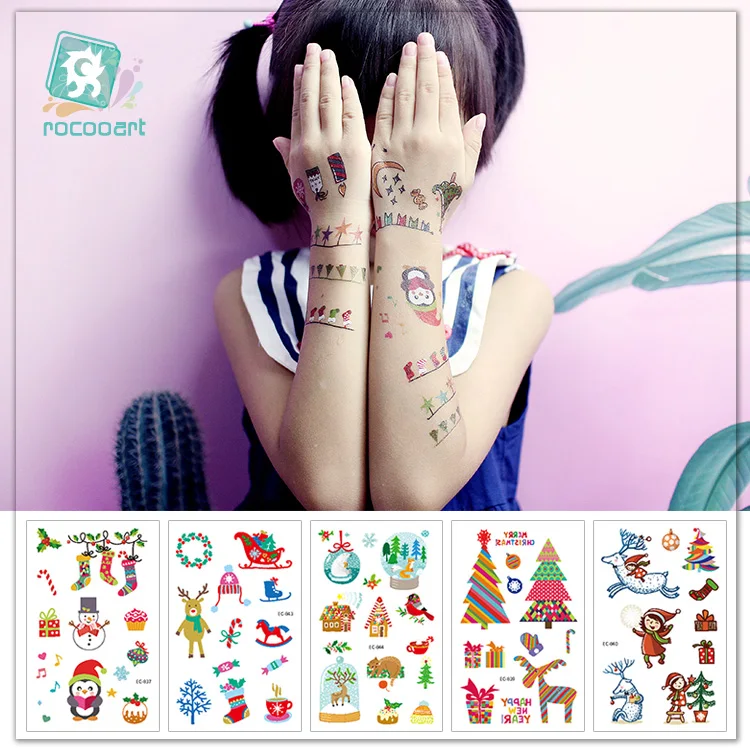 Rocooart Kids Tattoo Merry Christmas Temporary Tattoo Stickers Cartoon Body Tattoo Happy New Year Fake Tatoo Childs Makeup Taty