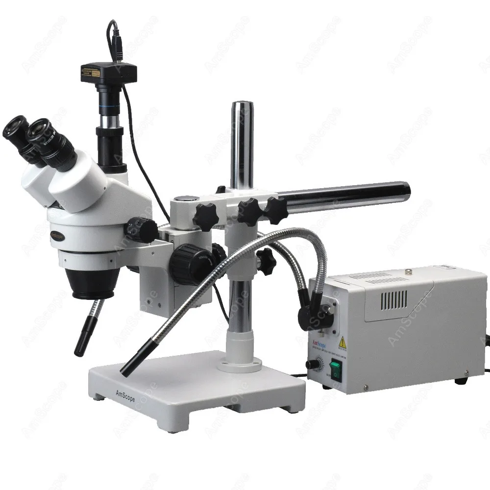 AmScope Trinocular Stereo Microscope 3.5X-90X+150W Halogen Dual Gooseneck & Ring Lights+8MP Camera on Single Arm Stand