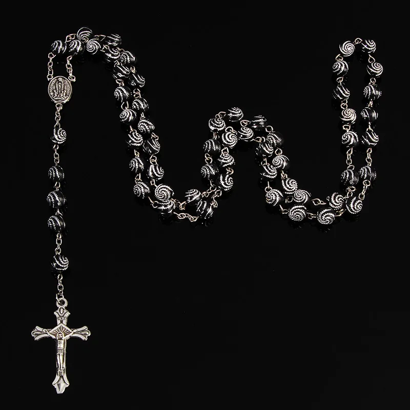 Classic 8MM Spiral Plastic Rosary Necklace, Santa Maria Prayer Necklace, Christian Cross Necklace Religious Jewelry.