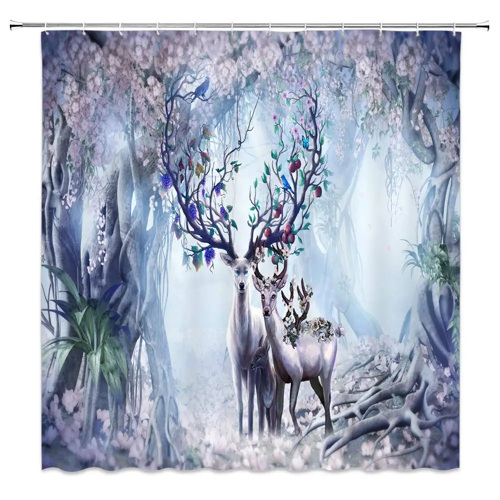 Fantasy Forest Cute Deer Elk with Fruits Antlers Cartoon Wildlife Flowers Trees Fairy Scenery Decor Fabric Bathroom Curtains