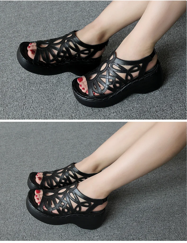 Classic Black Red Summer Leather Causal Platform Gladiator Beach Sandals Open Toe Flat Thick Wedge Female Shoes Woman