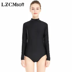 LZCMsoft Adults Black Nylon Long Sleeved Leotards Turtleneck Ballet Dance Leotards Women's One Piece Spandex Dance Costumes