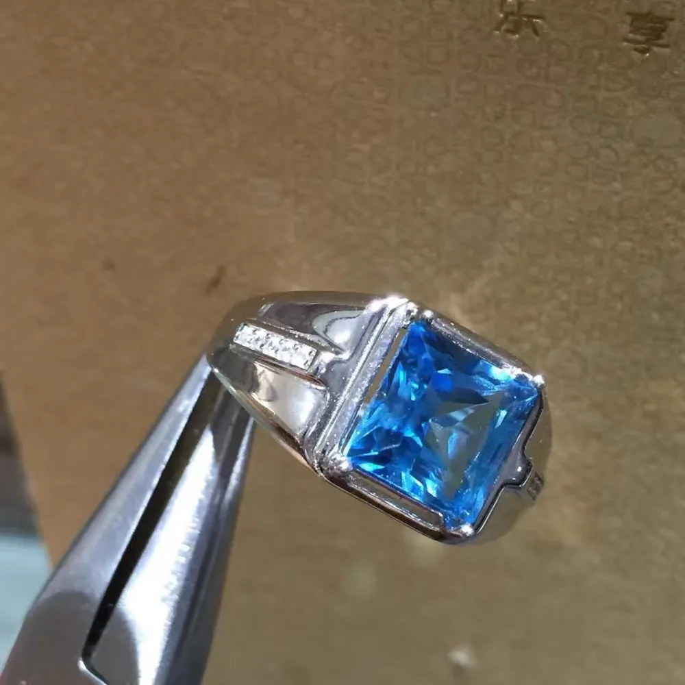 Real And Natural Blue Topaz Ring Man ring Free shipping 925 sterling silver 7*9mm gem For men Fine handworked jewelry