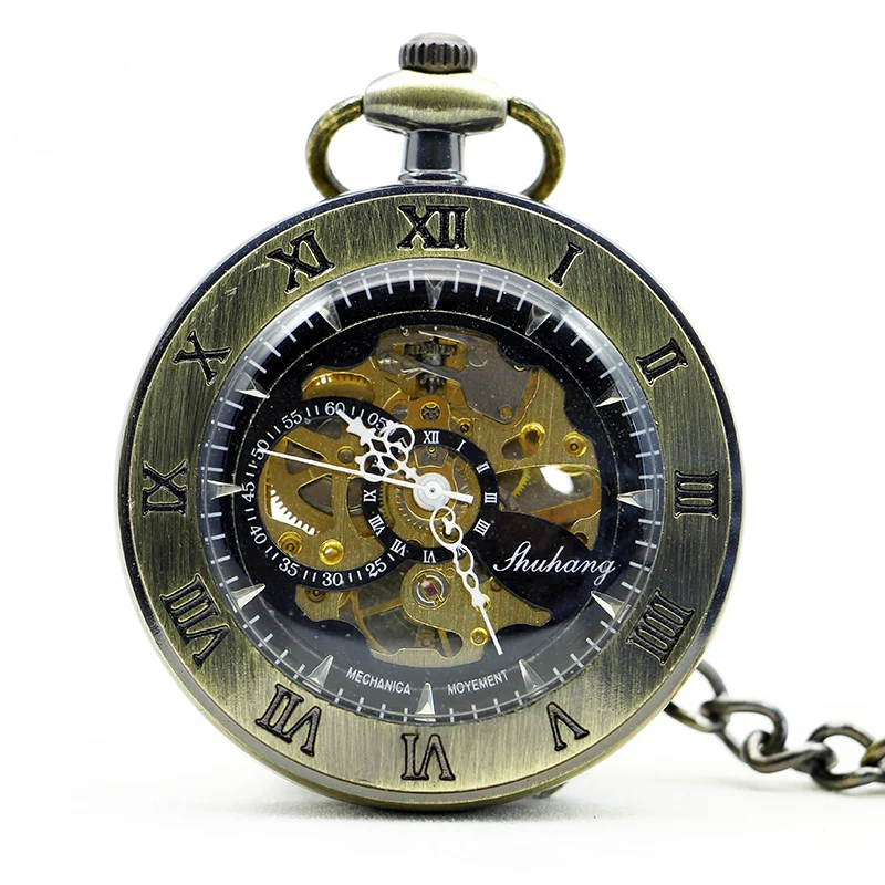 

Simple Retro Roman Numerals Engraving Machine Pocket Watch Antique Steampunk Skeleton Hand Style Fob Chain Men's Watch Gift